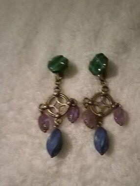 925 Vintage Stephen Dweck 925 Green, Purple & Blue Drop Clip On Earrings
